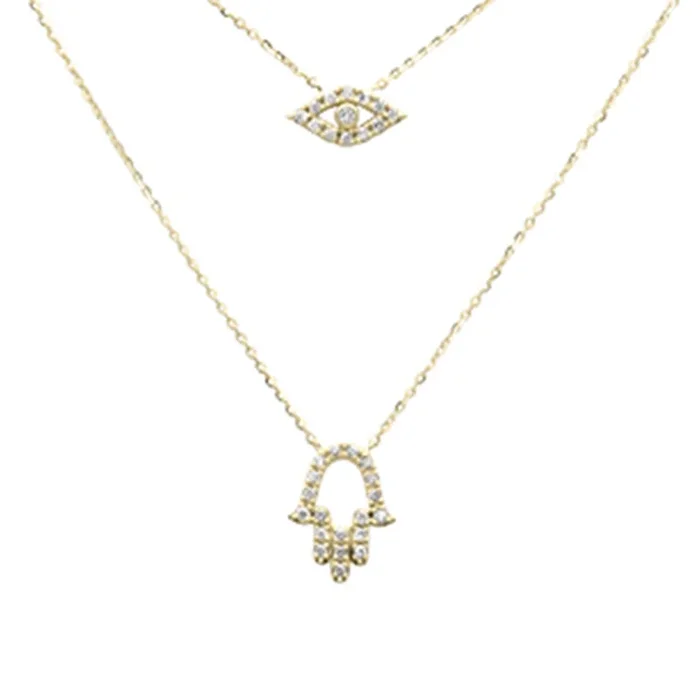 SPECIAL! .19ct G SI 14K Yellow Gold Diamond Evil Eye & Hamsa Pendant Necklace 16+2″ Ext