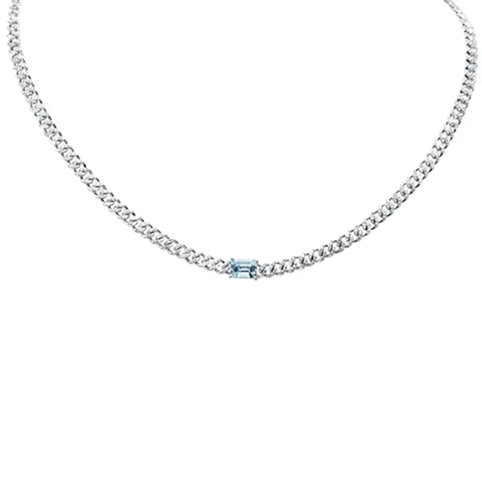 SPECIAL! 2.19ct G SI 14K White Gold Aquamarine Gemstone & Diamond Cuban Necklace 13+3″ Long