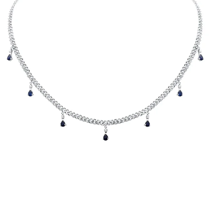 SPECIAL! 2.35CT G SI 14K White Gold Diamond & Blue Sapphire Gemstone Cuban Necklace 12″ + 4″ Long