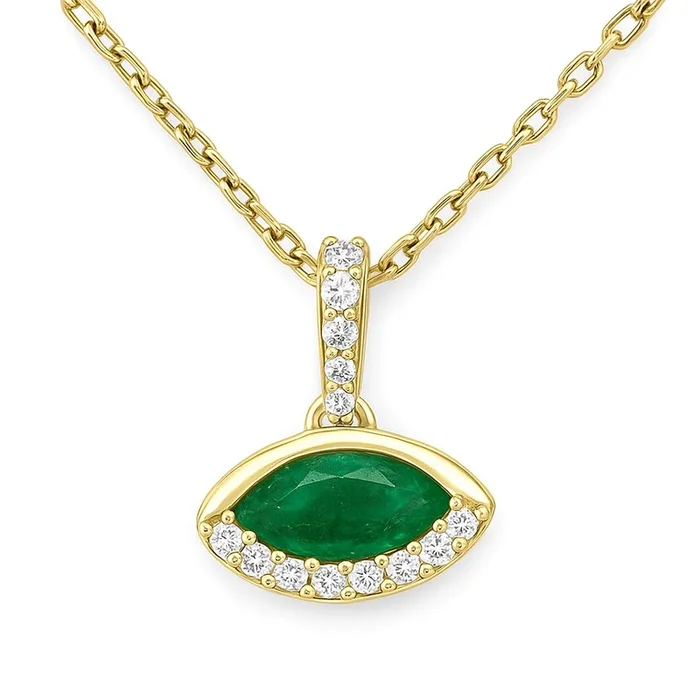 SPECIAL!.34ct G SI 14K Yellow Gold Diamond & Emerald Gemstone Evil Eye Pendant 18″ long Chain