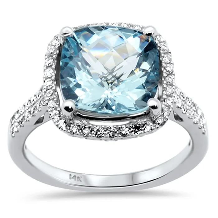 SPECIAL!4.07ct G SI 14K White Gold Diamond & Cushion Shape Aquamarine Gemstone Ring Size 6.5