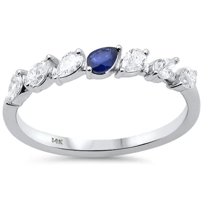 SPECIAL!.45ct G SI 14K White Gold Pear Shape Diamond & Blue Sapphire Gemstone Band Ring Size 6.5
