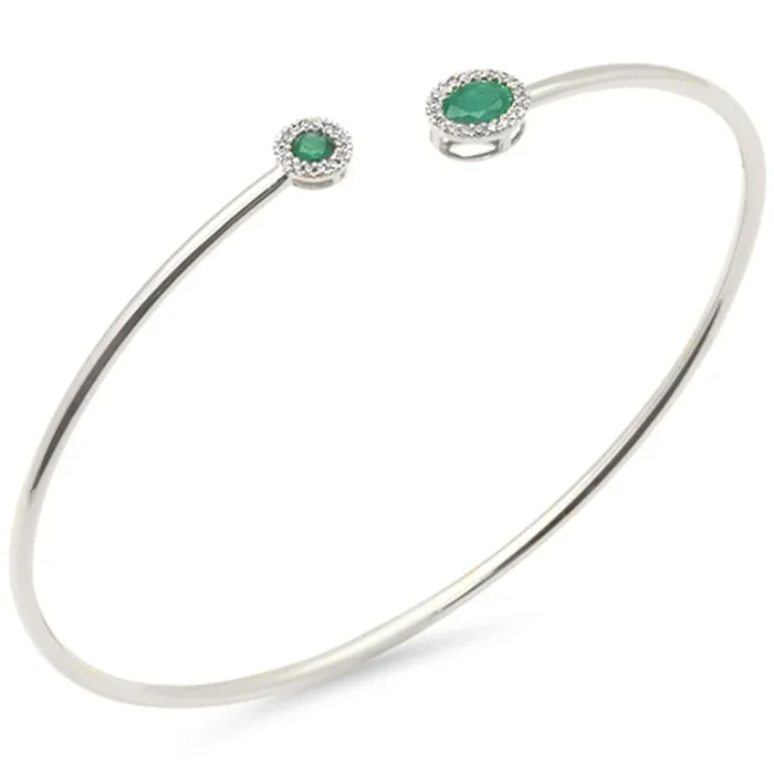 SPECIAL! .47ct G SI 14K White Gold Diamond & Natural Emerald Gemstones Open Bangle Bracelet