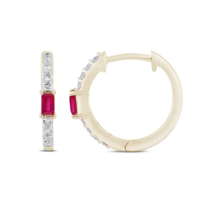 SPECIAL! .49ct G SI 14K Yellow Gold Diamond & Baguette Ruby Gemstone Hoop Post & Click Earings