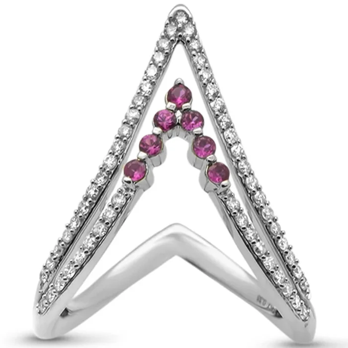 SPECIAL! .52ct G SI 14K White Gold Diamond & Ruby “V” Shaped Gemstone Band Ring Size 6.5