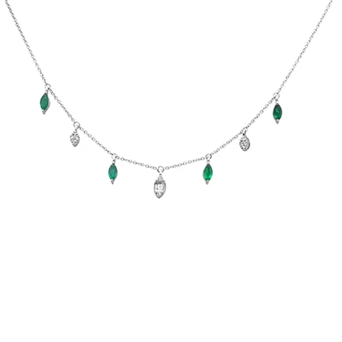 SPECIAL!.58ct G SI 14K White Gold Diamond & Emerald Gemstone Pendant Necklace 16+2″ EXT Long