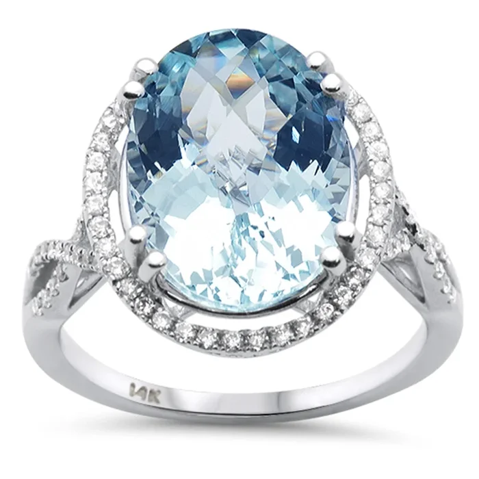 SPECIAL!6.21ct G SI 14K White Gold Diamond & Oval Shape Aquamarine Gemstone Ring Size 6.5