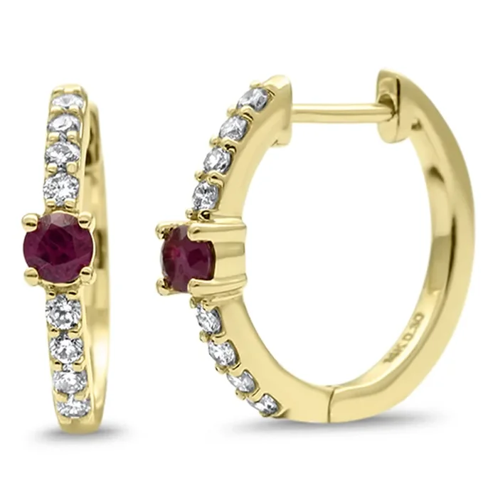 SPECIAL! .60ct G SI 14K Yellow Gold Diamond & Ruby Gemstones Hoop Earrings Post&Click