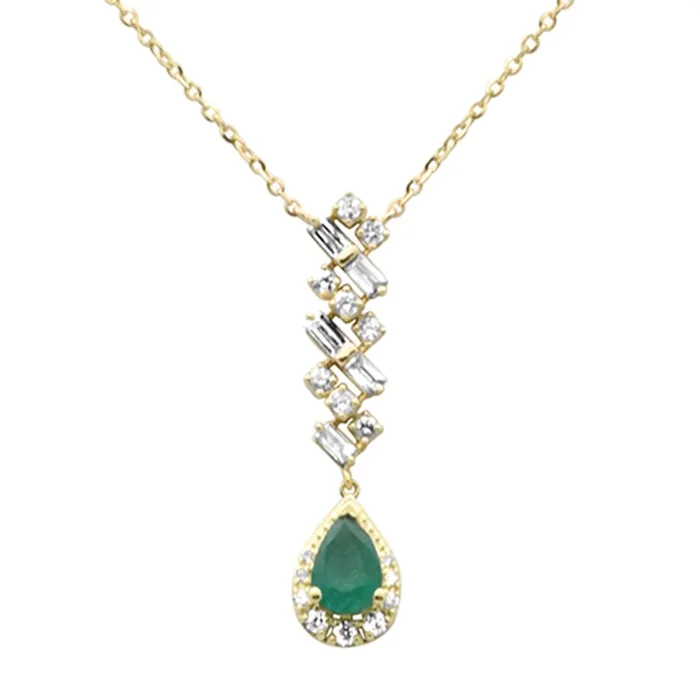 SPECIAL! .69ct G SI 14K Yellow Gold Diamond & Natural Emerald Pendant Necklace 16+2″ Ext Long