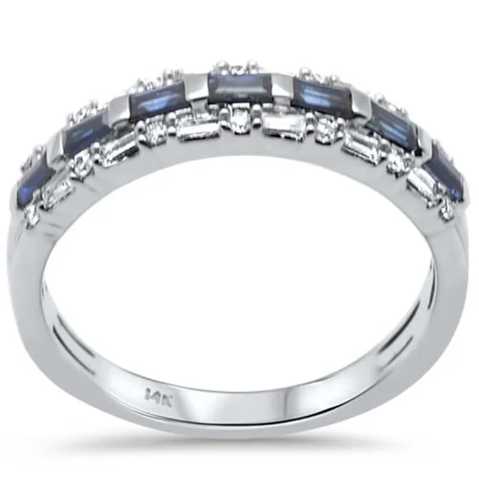 SPECIAL! .72ct G SI 14K White Gold Diamond Blue Sapphire Round & Baguette Band Ring Size 6.5