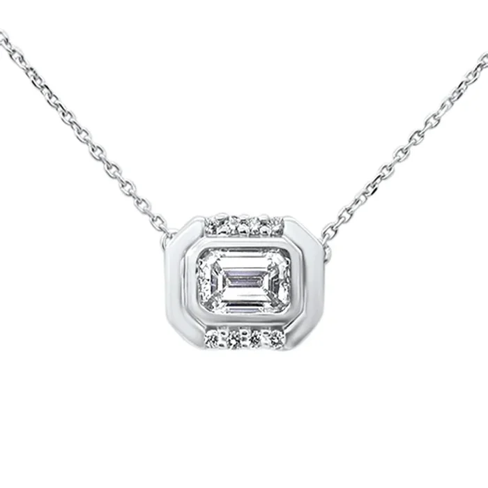 SPECIAL!.77ct G SI 14K White Gold Emerald Cut Diamond Pendant Necklace 16+2″ Ext Long Chain