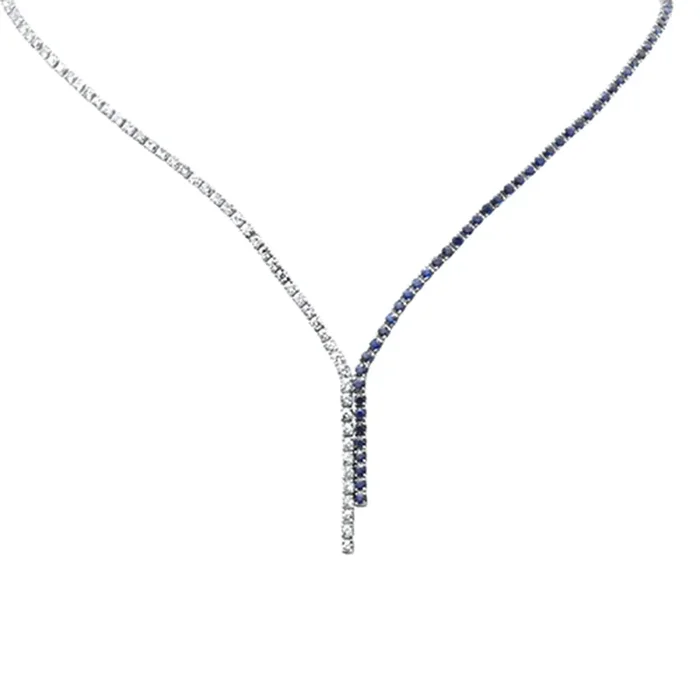 SPECIAL!8.17ct G SI 14K White Gold Diamond & Blue Sapphire Gemstones Tennis Necklace 16+2″ Long