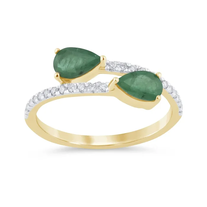 SPECIAL! .86ct G SI 14K Yellow Gold Diamond & Pear Shape Emerald Gemstones Band Ring Size 6.5
