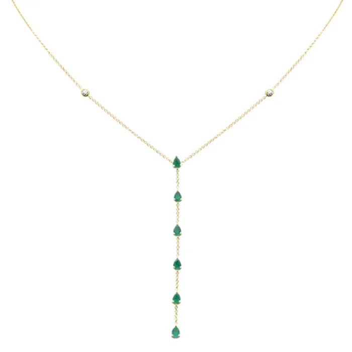 SPECIAL! .88ct G SI 14K Yellow Gold Diamond & Emerald Gemstone Lariat Necklace 16+2″ Ext
