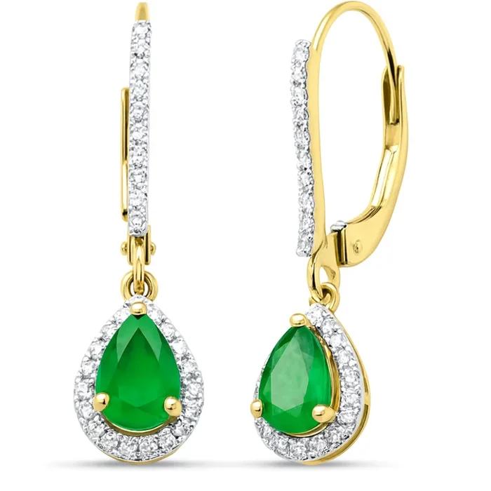 SPECIAL!.95ct G SI 14K Yellow Gold Round Diamond & Pear Shape Emerald Gemstone Drop Earrings