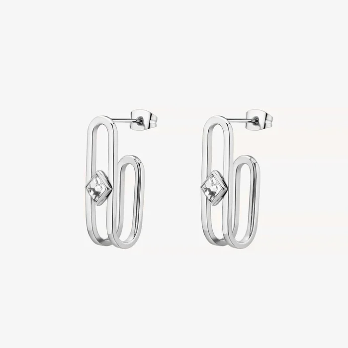 Stainless Steel Bent Oval Earrings with Crystals