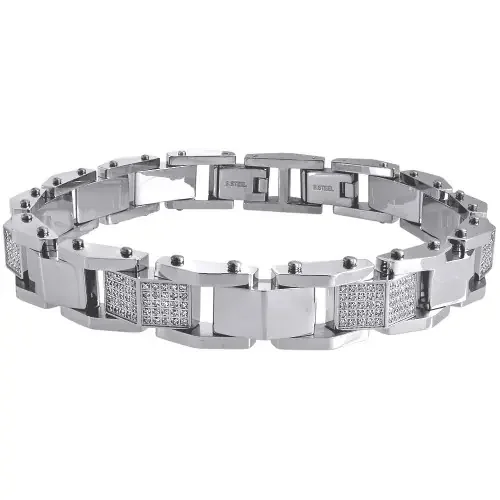 Stainless Steel Diamond Fashion Bracelet 8.50 Inch Pave Links Bangle 1.80 Ctw.