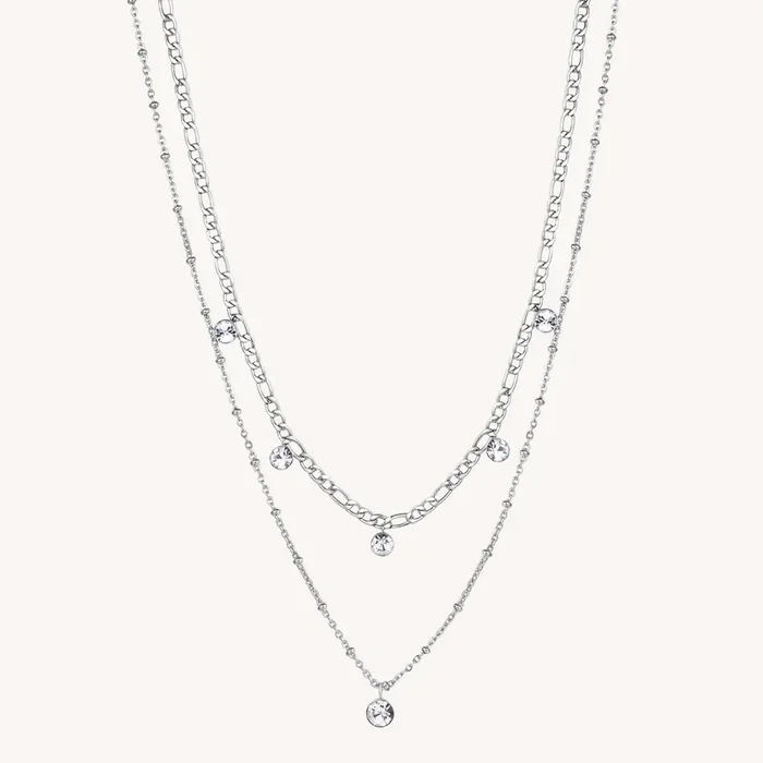 Stainless Steel Double Chain Necklace with Clear Crystals