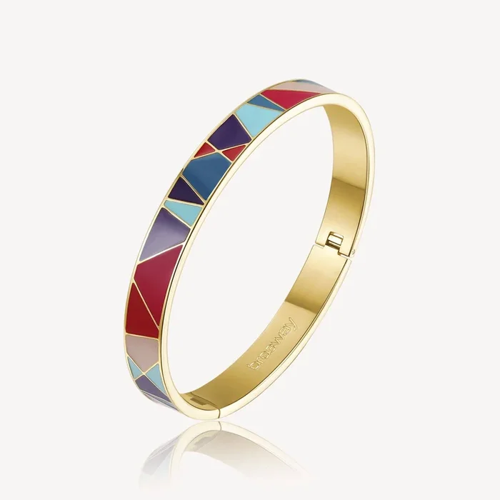 Stainless Steel Gold Tone Latching Bangle with Multicolored Enamel