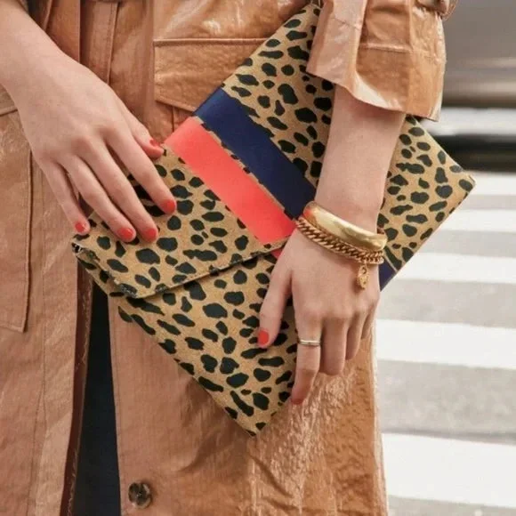 Stella & Dot Bellamy Clutch – Leopard Print – Red Blue Stripe