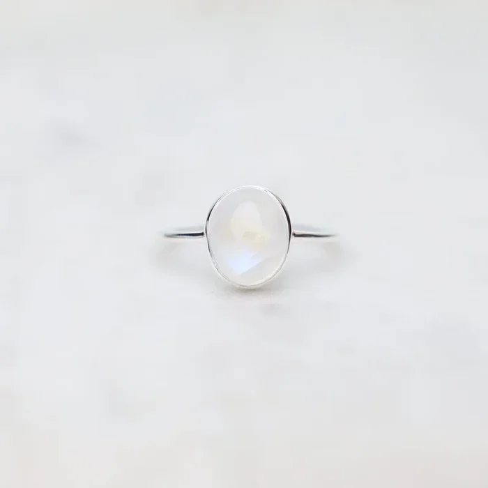 Sterling Silver Bezel Set Rainbow Moonstone Cabochon Ring