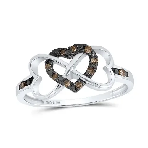 Sterling Silver Brown Diamond Women‘s Infinity Triple Heart Band Ring 1/10 CT