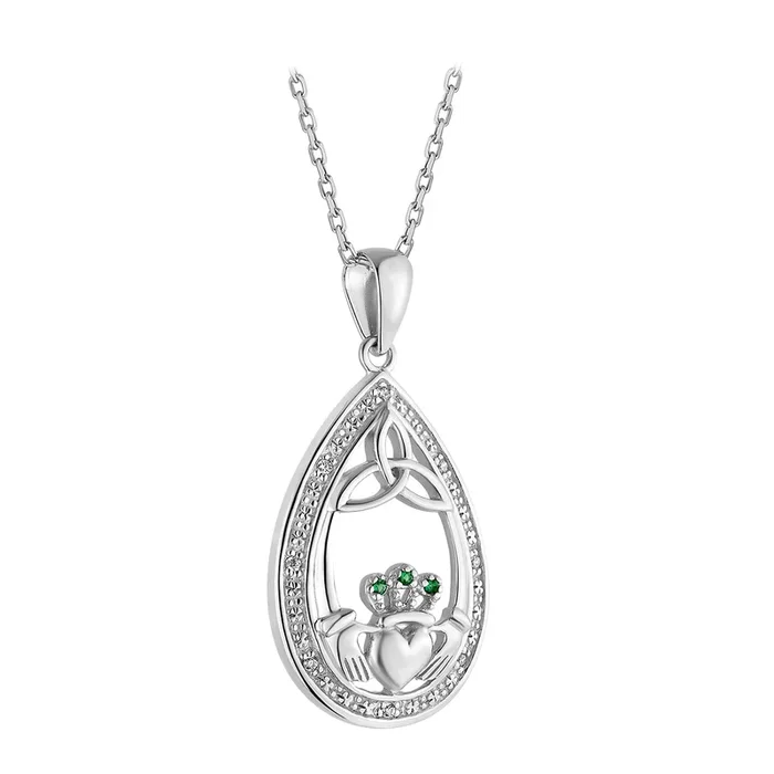Sterling Silver Crystal Claddagh Oval Necklace