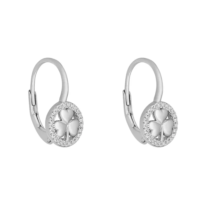 Sterling Silver Cz Round Shamrock Huggie Earrings