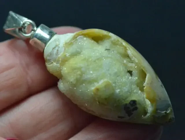 Sterling Silver Dakshinavarti shell fossil pendant with natural chalcedony