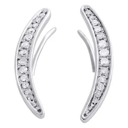 Sterling Silver Diamond Ear Climber Earrings Curved Hook Earrings 0.8″ 1/5 CT.