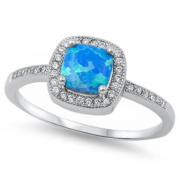 Sterling Silver Lab Created Blue Opal Gemstone Ring Sizes 4-13
