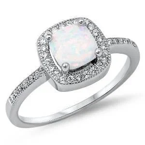 Sterling Silver Lab Created White Opal Gemstone Ring Sizes 3-13