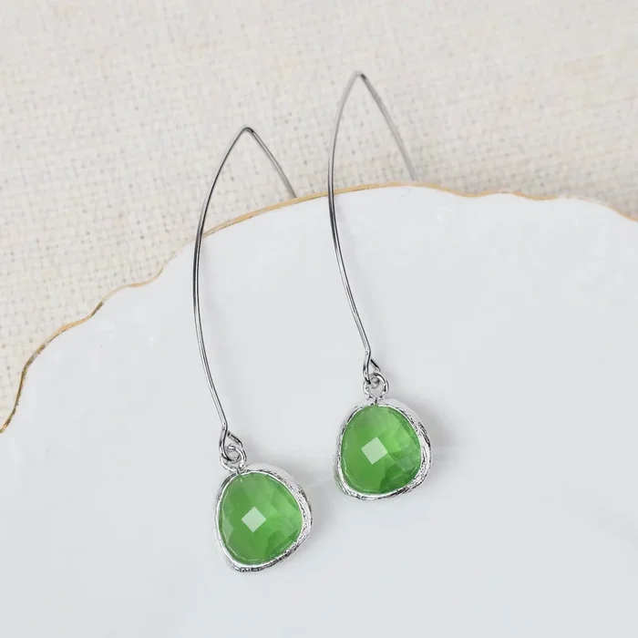 Sterling Silver Long Spring Green Crystal Drop Earrings