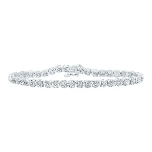 Sterling Silver Real Diamond D/C 5mm Rounded Square Link Bracelet 1/10 CT 7″
