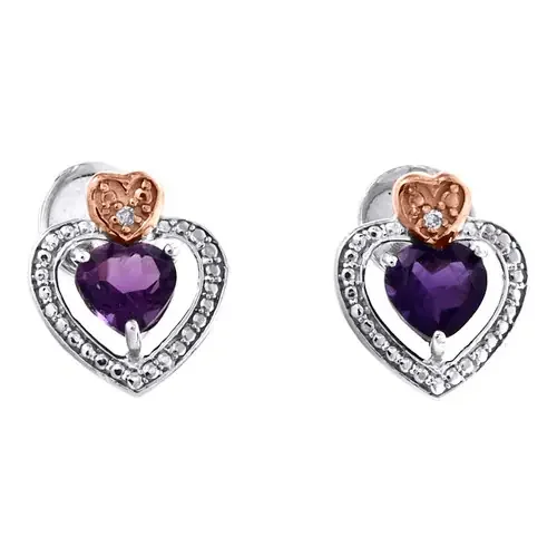 Sterling Silver Round Created Amethyst Heart Stud Diamond 12mm Earrings 7/8 CTTW