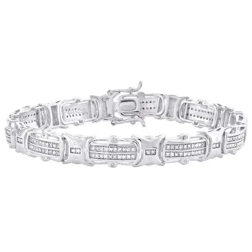 Sterling Silver Round Diamond 9mm Link 8″ Men‘s Statement Pave Bracelet 1 CT.