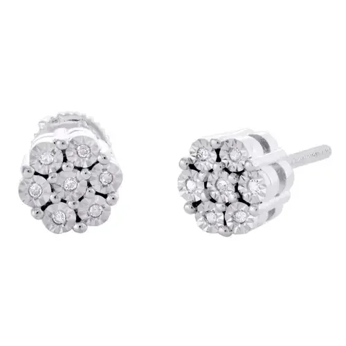 Sterling Silver Round Diamond Flower Set Stud 8mm Miracle Set Earring 1/7 CT.