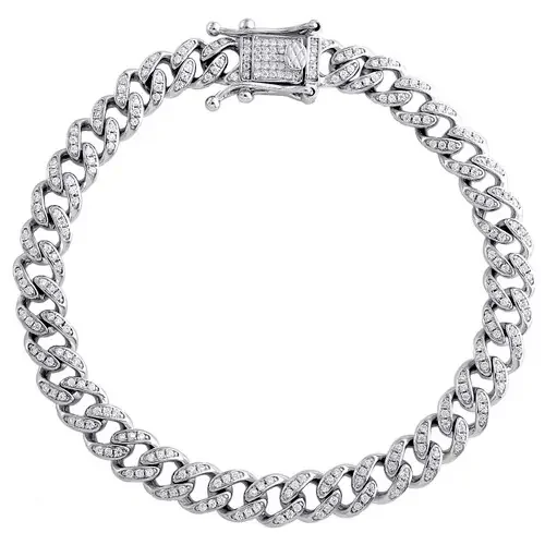 Sterling Silver Round Moissanite 7mm Miami Cuban Link 8″ Pave Bracelet 1.44 CT.