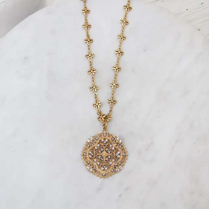 Swarovski Dusted Filagree Medallion on Clover Chai