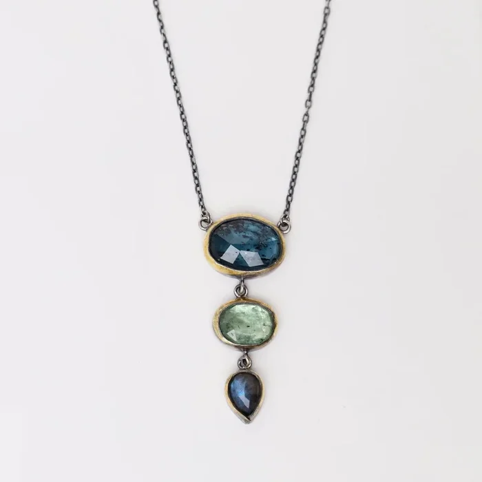 Teal Kyanite, Green Kyanite, & Labradorite Crescent Rim Triple Drop Necklace