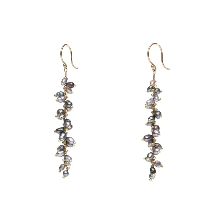 TenThousandThings 18k Beaded Long Spiral Black Tahitian Pearl Earrings