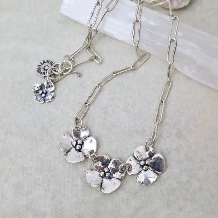 Three Dogwood Flower on Short Oval Chain Necklace