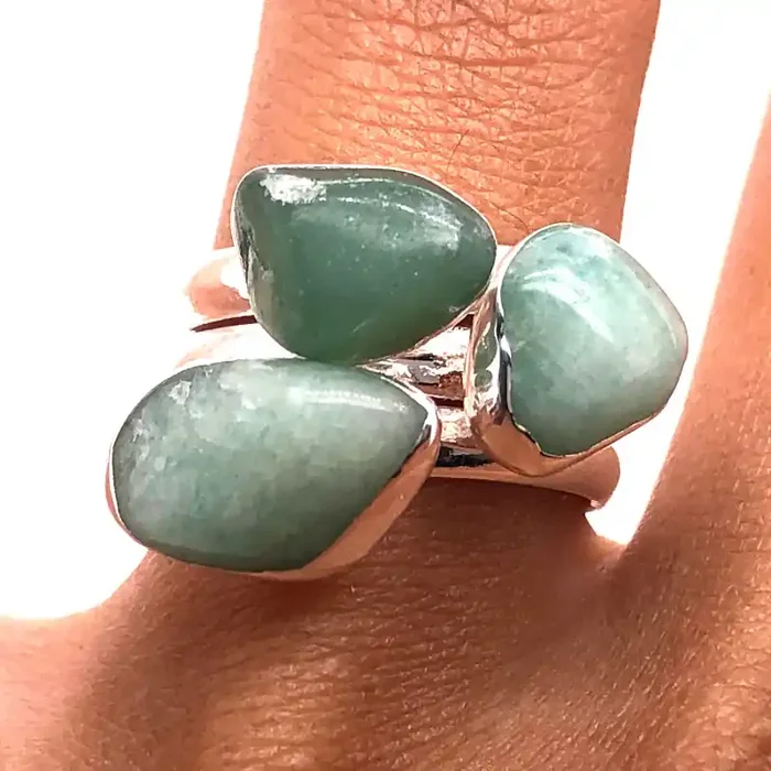 Three Raw Agate Gemstone in electroformed Silver Plated Ring BR 627