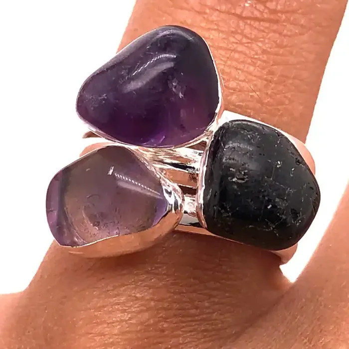 Three Raw Agate Gemstone in electroformed Silver Plated Ring BR 629