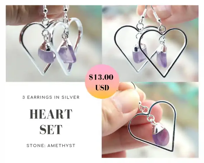 Three Tumbled beautiful Amethyst gemstone Heart shape earrings Set BR173