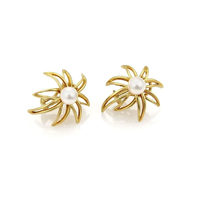 Tiffany & Co. Fireworks Pearls 18k Yellow Gold Post Clip Earrings