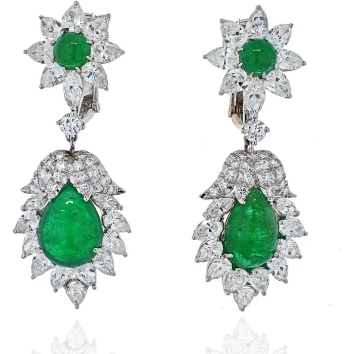 Timeless Elegance: David Webb Platinum Emerald and Diamond Hanging Earrings