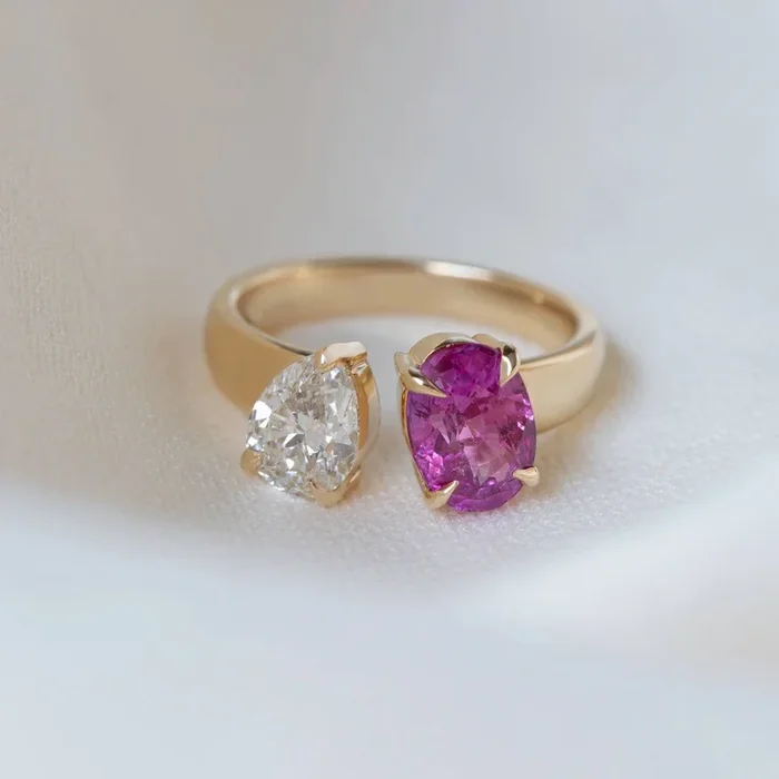 Toi et Moi Ring with Pear Diamond and Oval Pink Sapphire 14K Gold