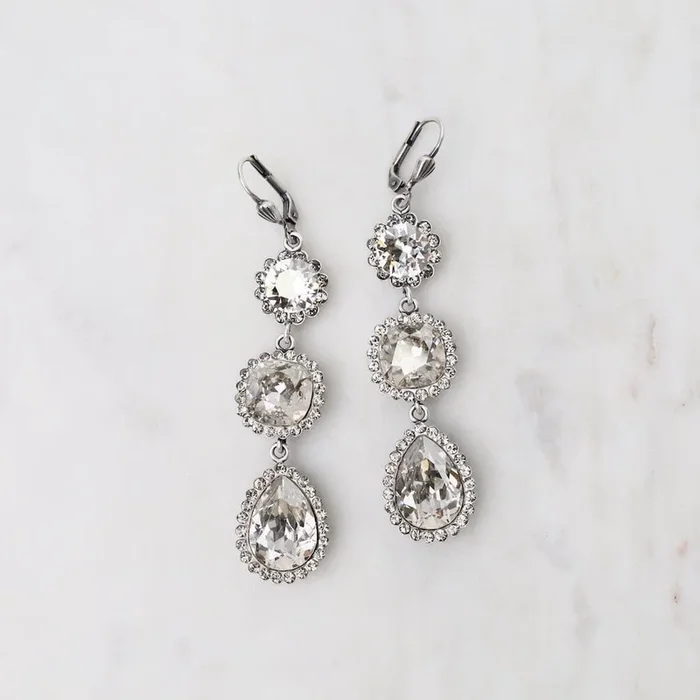 Triple Crystal Earrings – Old Silver