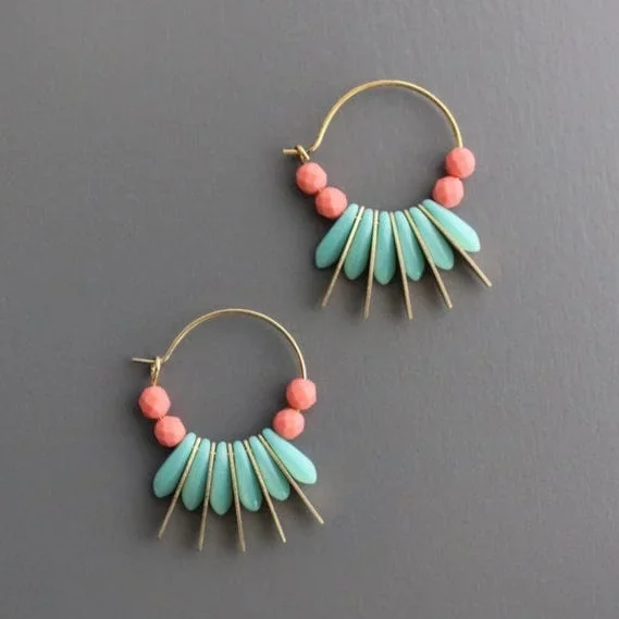 Turquoise and Coral Glass Small Hoop Earrings